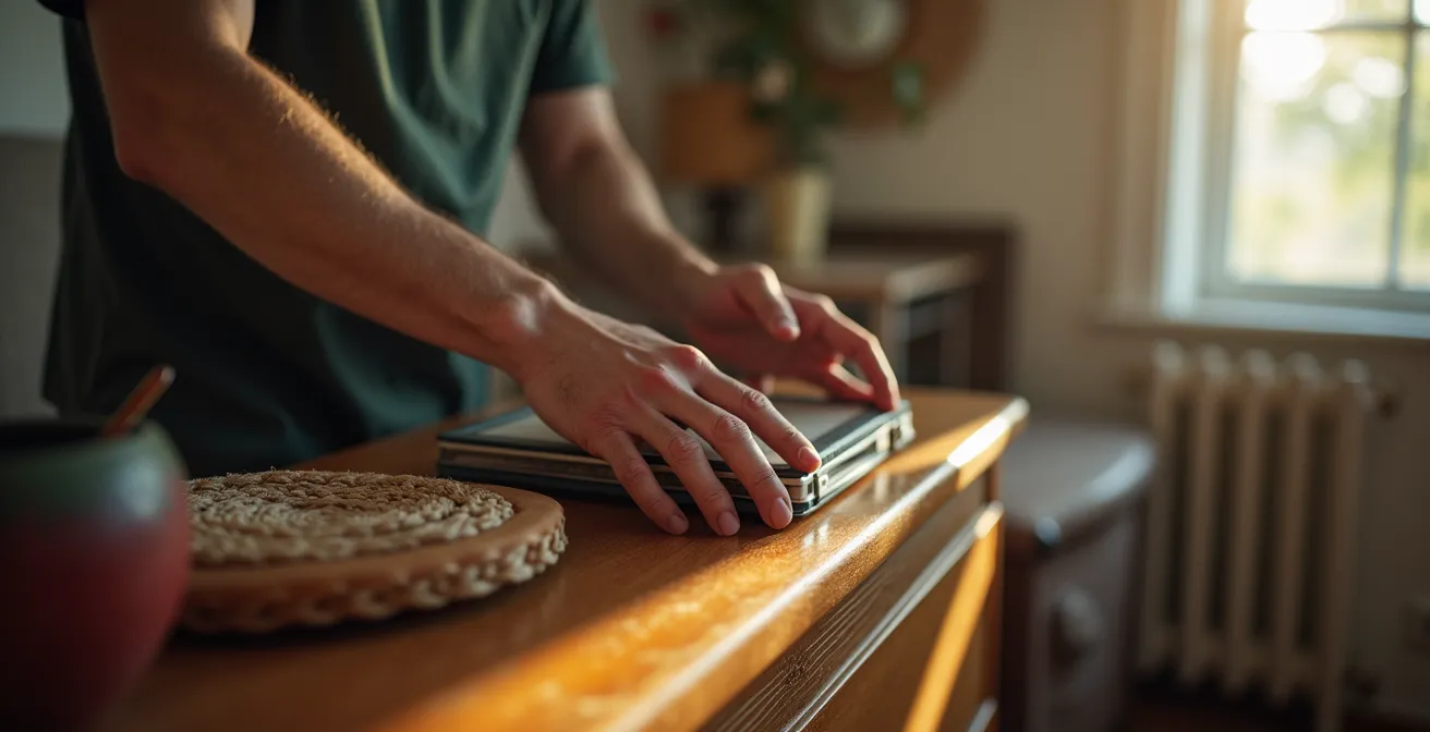 Main d'une personne âgée manipulant des objets du quotidien
