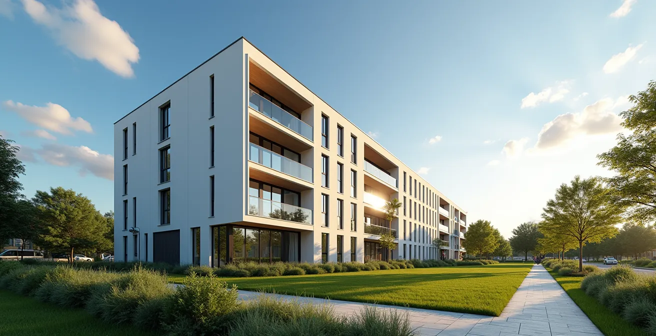 Vue d'ensemble d'une résidence senior moderne avec espaces verts