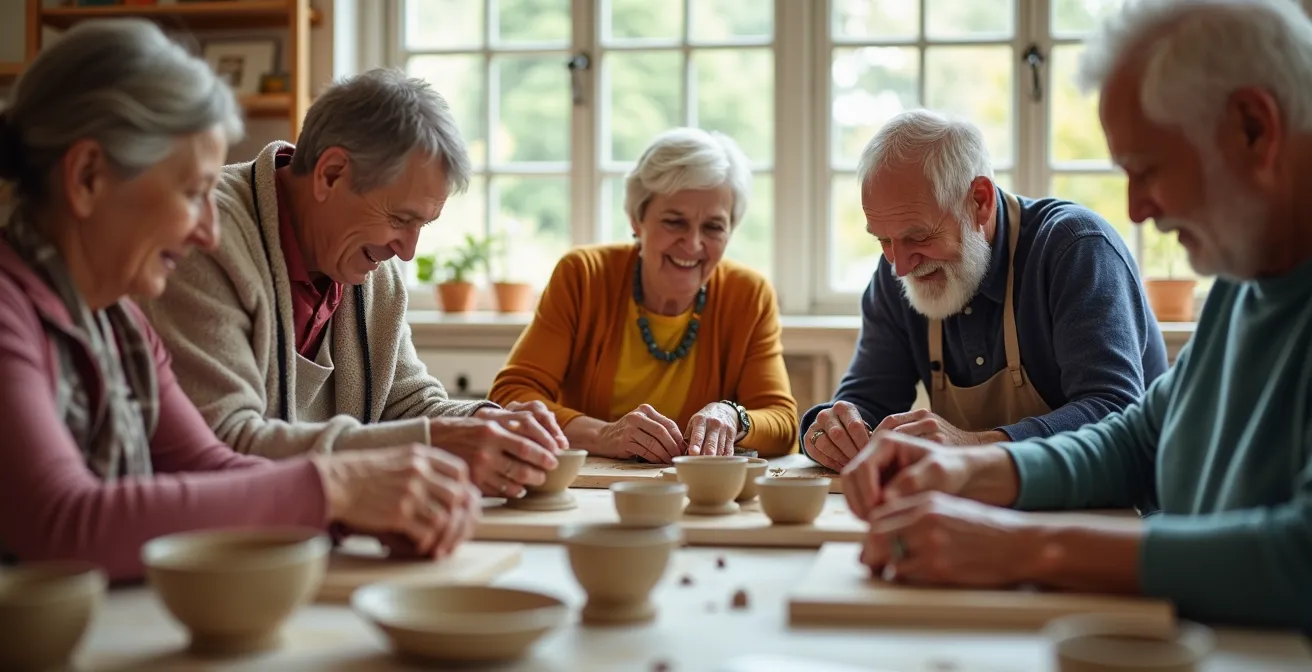 Groupe de seniors participant à une activité collective dans une résidence