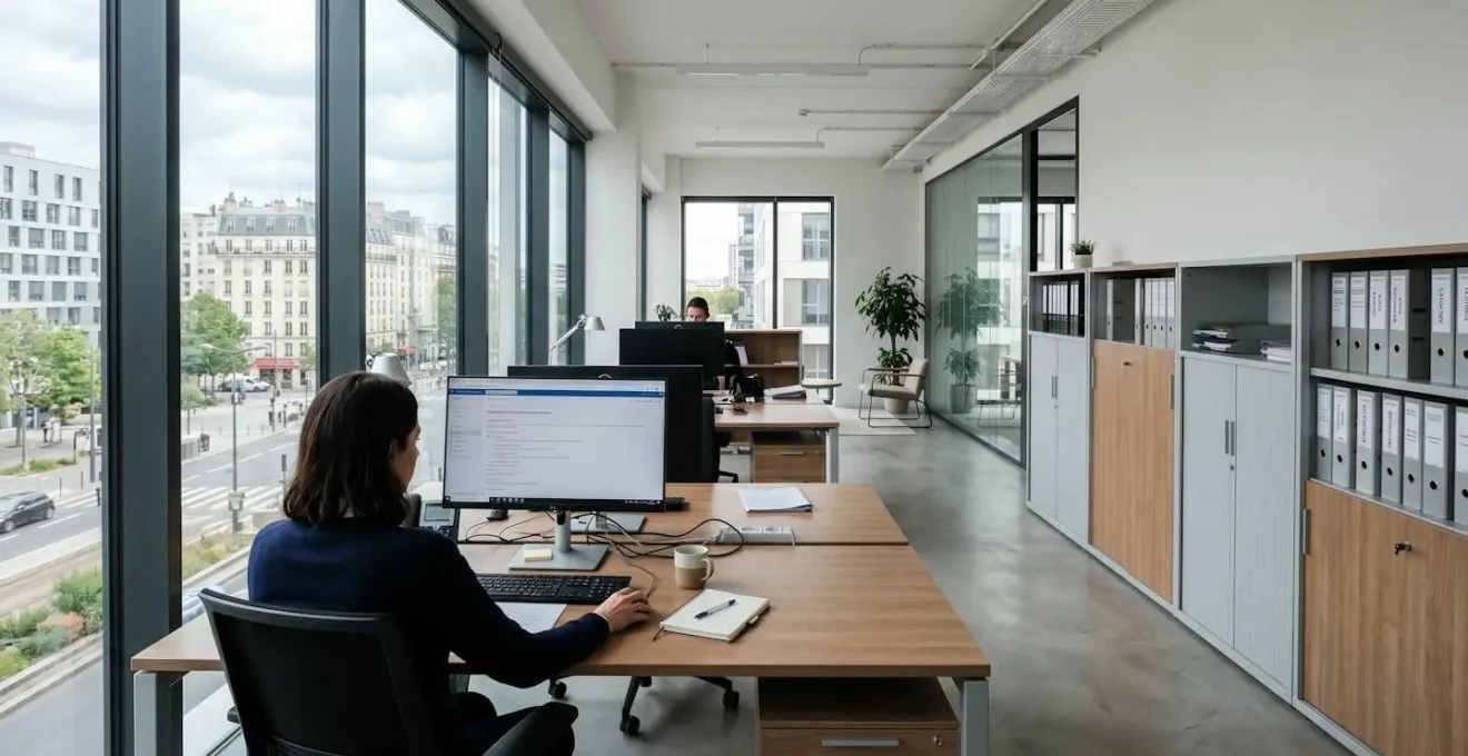 Vue grand angle d'un bureau administratif français moderne et lumineux, avec des postes de travail équipés d'ordinateurs et des armoires de classement organisées, sans personne au premier plan