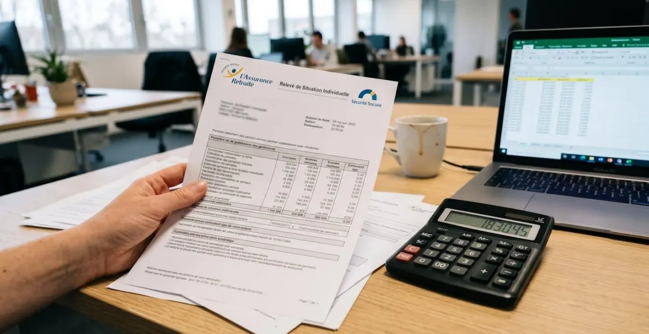 Gros plan sur une main tenant un document administratif français de retraite posé sur un bureau moderne, avec une calculatrice floue en arrière-plan