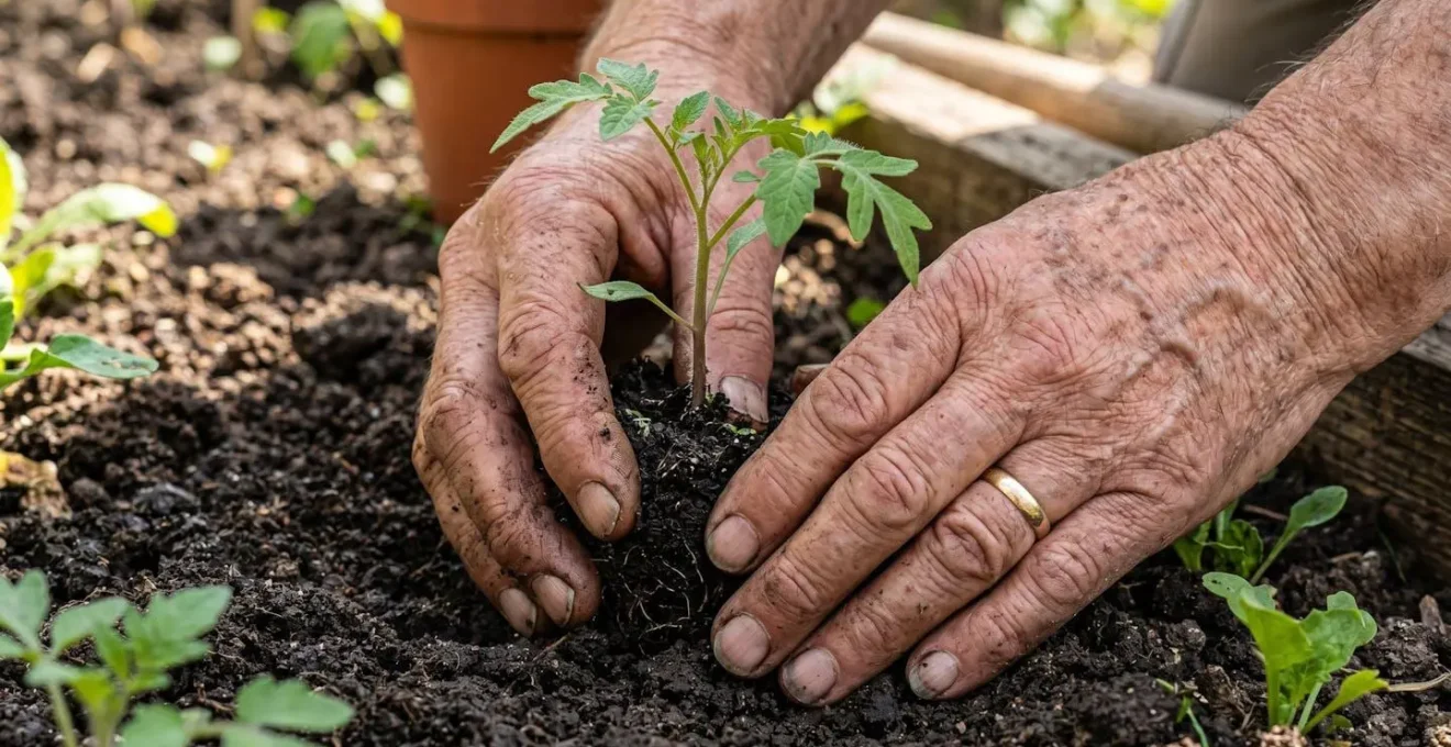 Gros plan sur des mains ridées de senior en train de manipuler de la terre et une jeune plante lors d'un atelier jardinage