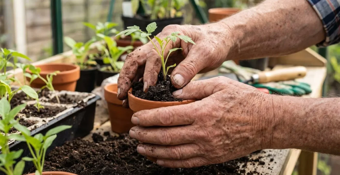 Gros plan sur des mains ridées de senior en train de manipuler de la terre et une jeune plante lors d'un atelier jardinage