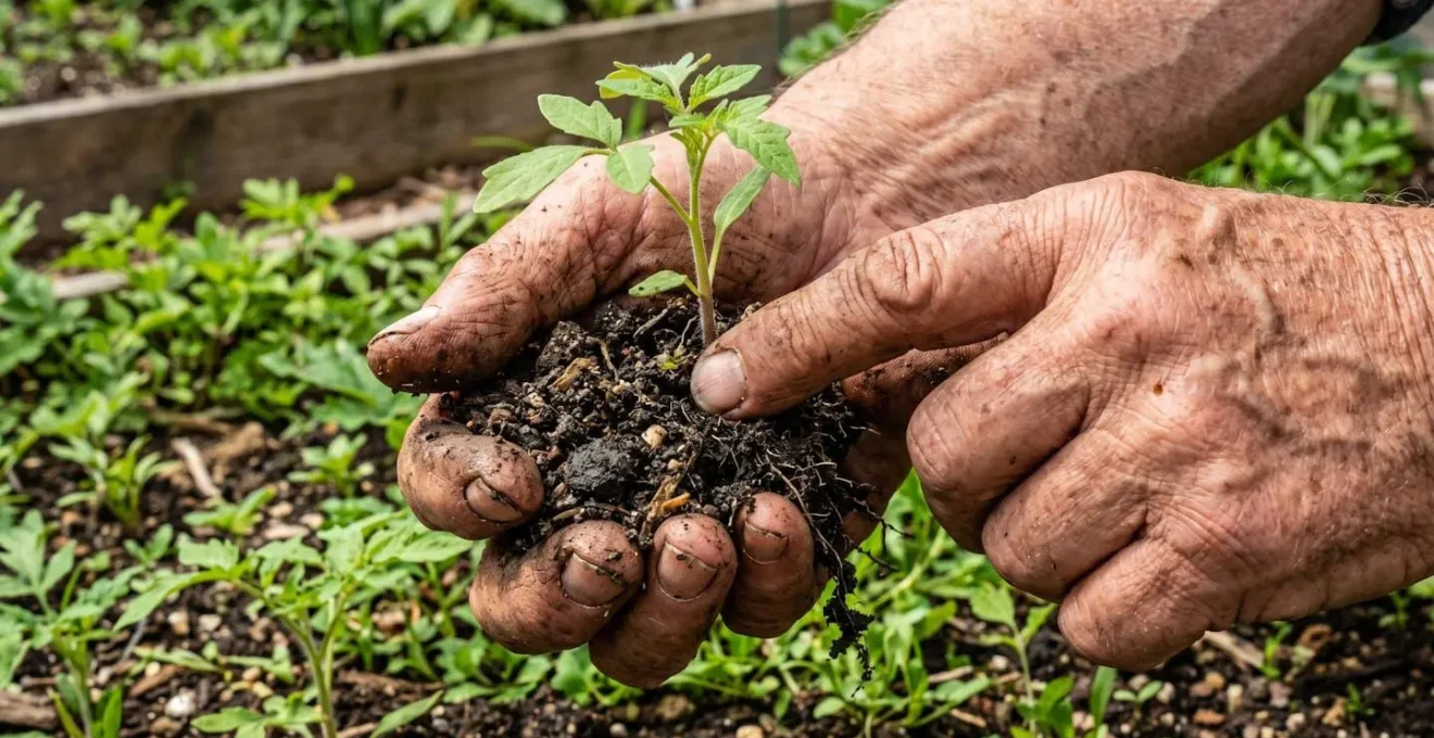 Gros plan sur des mains ridées de senior en train de manipuler de la terre et une jeune plante lors d'un atelier jardinage