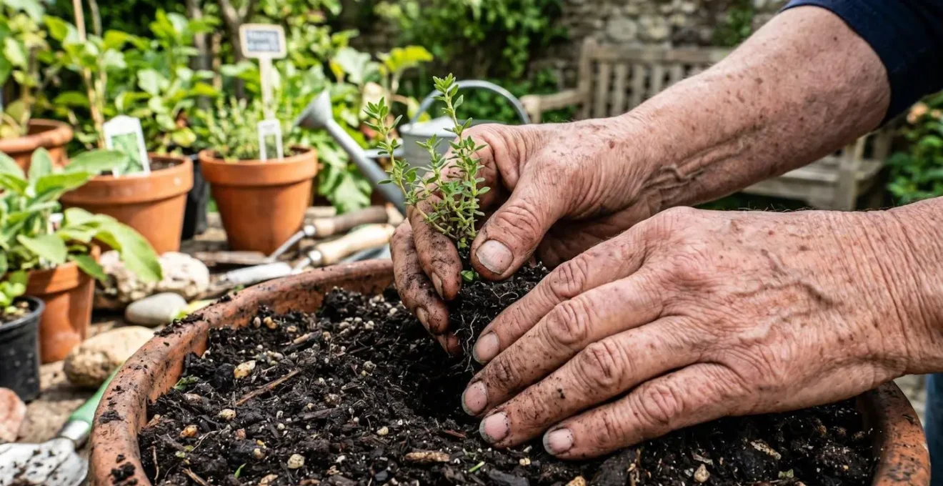 Gros plan sur des mains ridées de senior en train de manipuler de la terre et une jeune plante lors d'un atelier jardinage