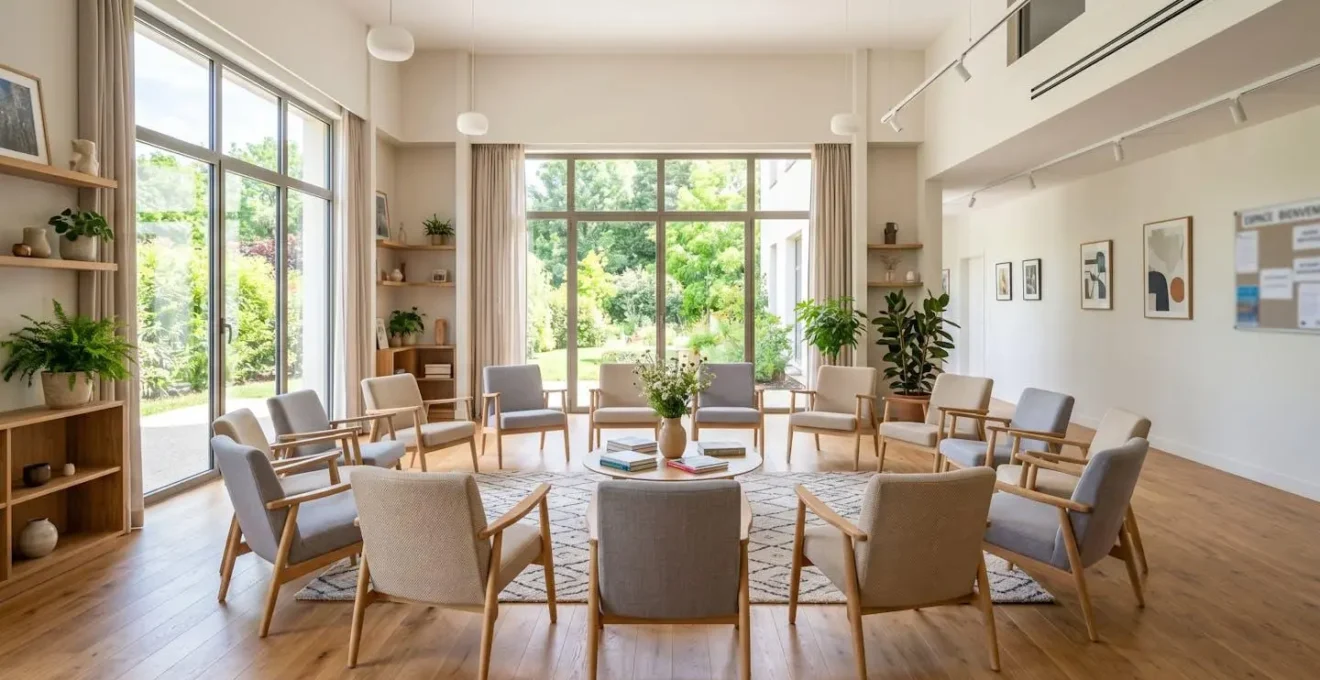 Intérieur lumineux d'une salle d'activités communautaire vide avec chaises disposées en cercle et grandes fenêtres