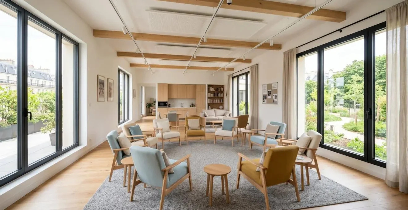 Intérieur lumineux d'une salle d'activités communautaire vide avec chaises disposées en cercle et grandes fenêtres