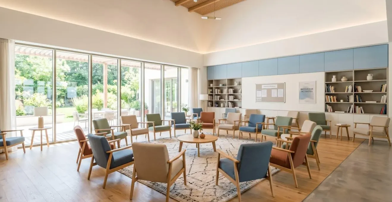 Intérieur lumineux d'une salle d'activités communautaire vide avec chaises disposées en cercle et grandes fenêtres