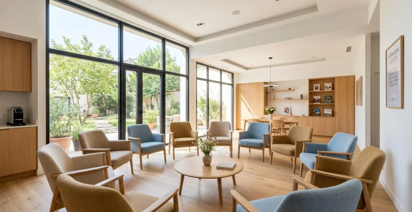 Intérieur lumineux d'une salle d'activités communautaire vide avec chaises disposées en cercle et grandes fenêtres