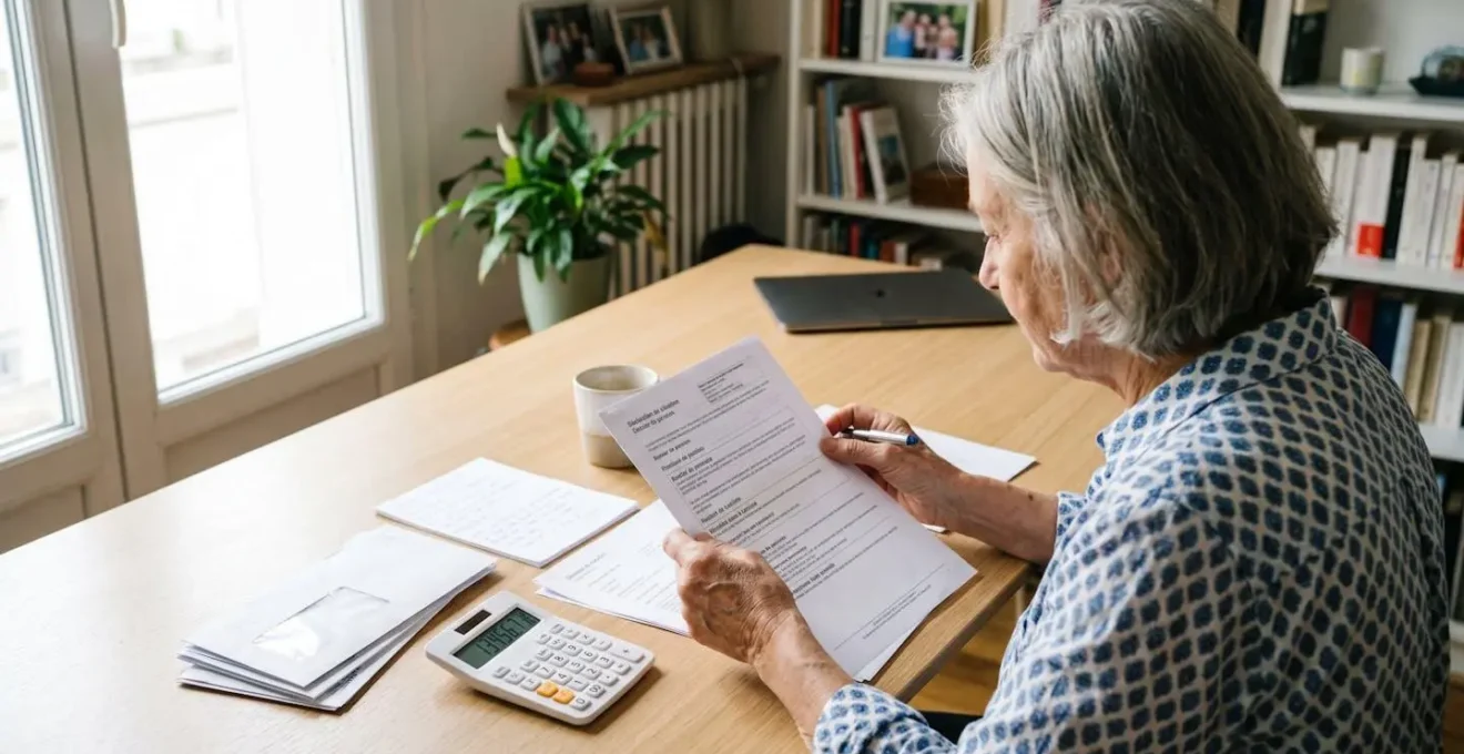 Une femme senior assise à un bureau consulte attentivement des documents administratifs de retraite posés devant elle, calculatrice à proximité, dans un intérieur lumineux et moderne
