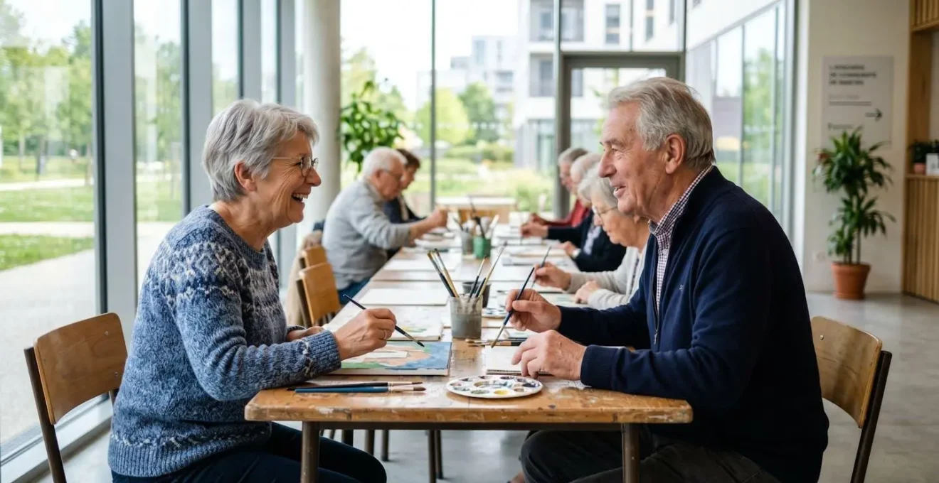 Deux seniors vus de profil échangent en souriant lors d'un atelier collectif dans une salle lumineuse et moderne