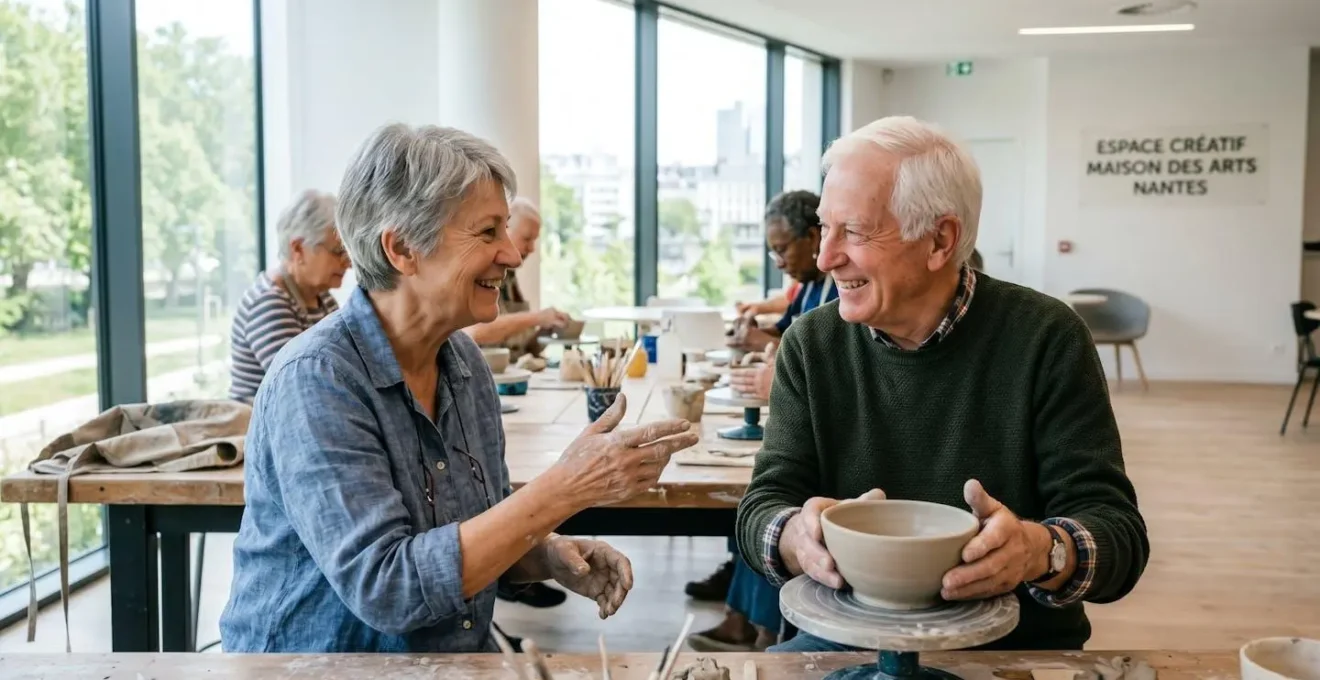 Deux seniors vus de profil échangent en souriant lors d'un atelier collectif dans une salle lumineuse et moderne