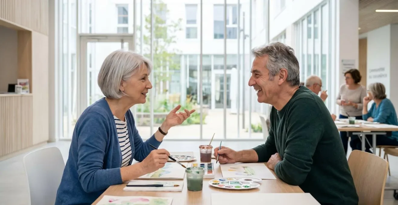 Deux seniors vus de profil échangent en souriant lors d'un atelier collectif dans une salle lumineuse et moderne
