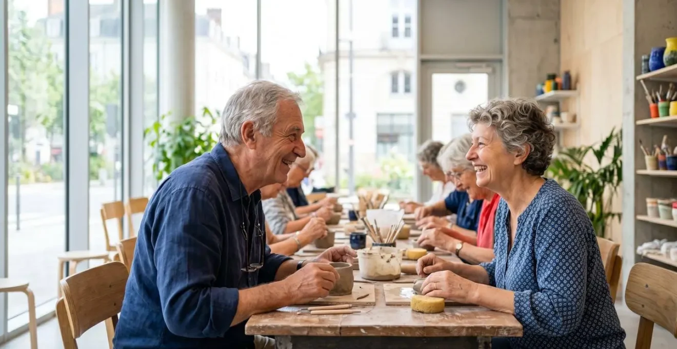 Deux seniors vus de profil échangent en souriant lors d'un atelier collectif dans une salle lumineuse et moderne