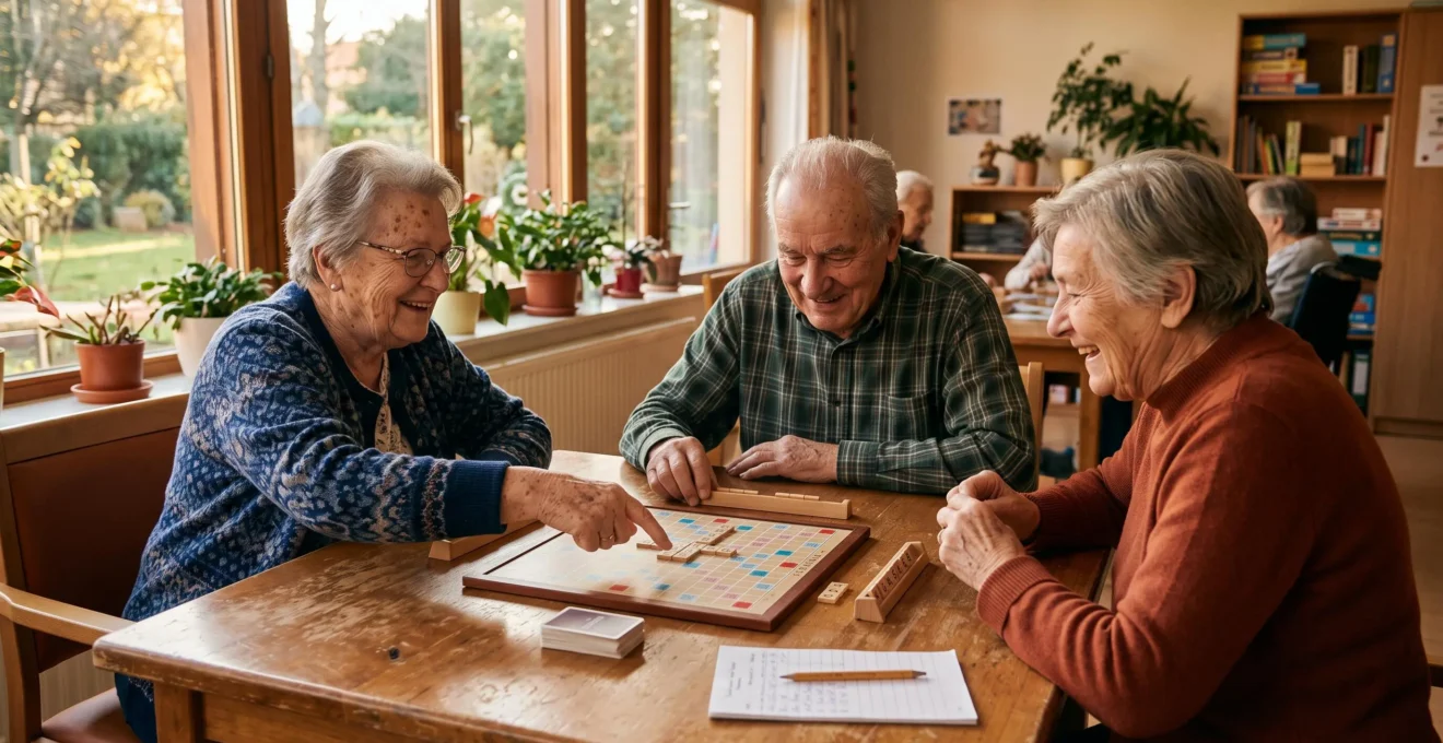 Groupe de résidents seniors participant à une activité collective autour d'une table dans une salle d'activités d'EHPAD français
