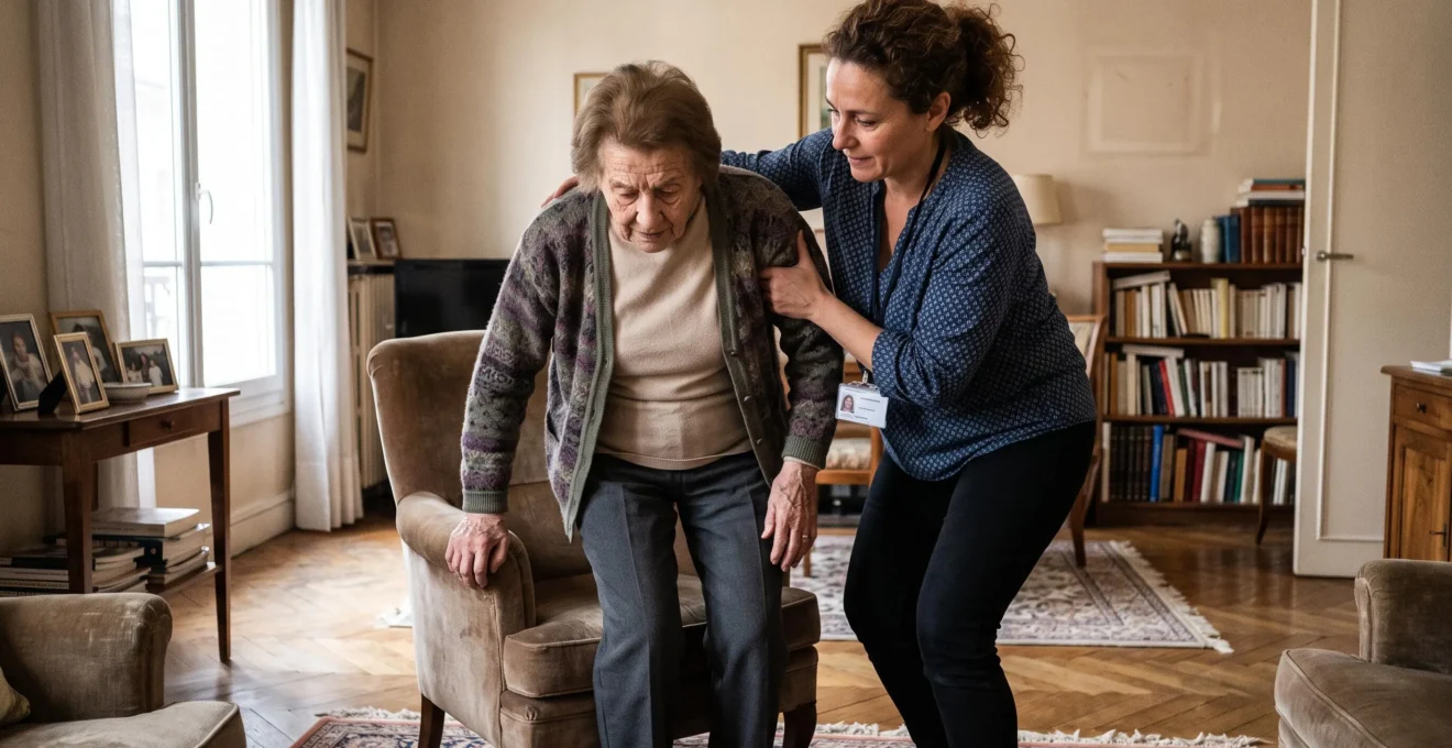 Aide à domicile française assistant une femme senior à se lever d'un fauteuil dans un salon privé