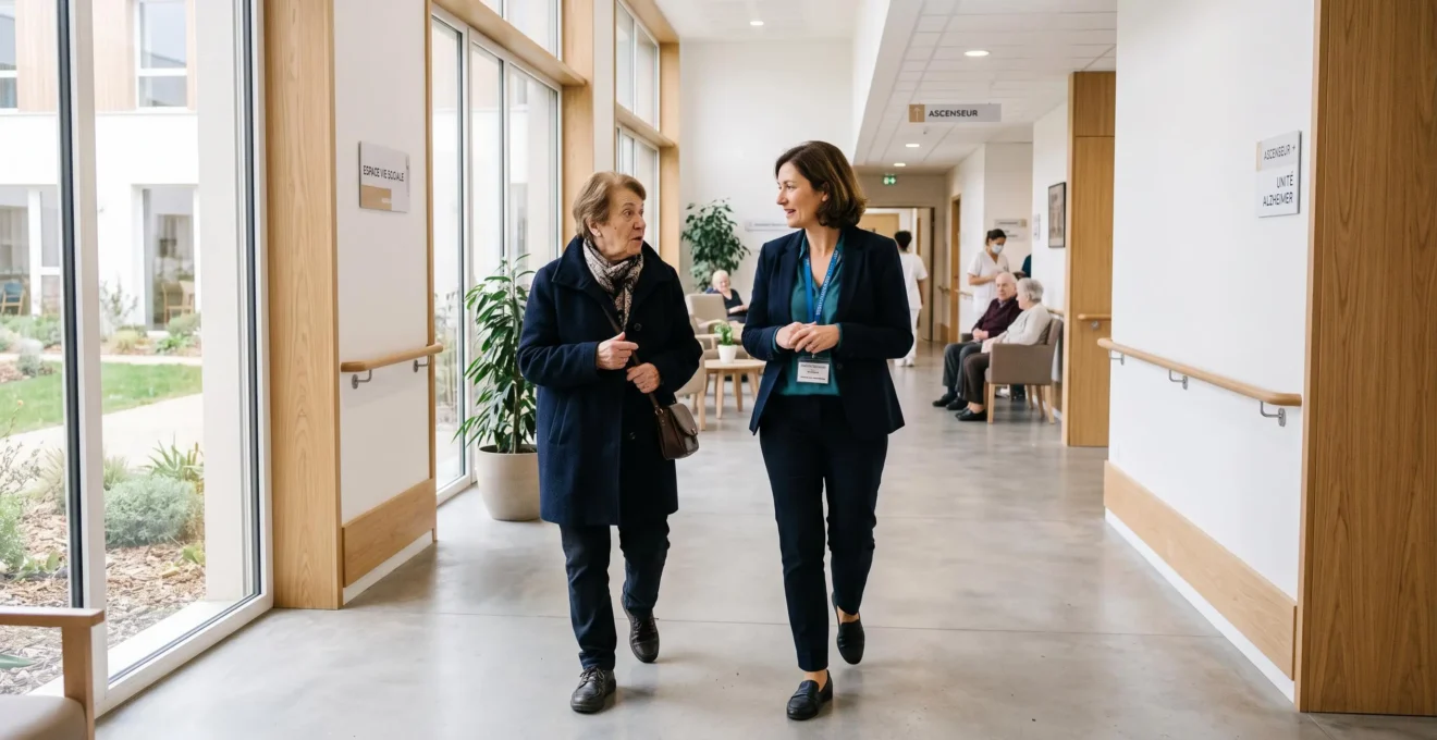 Femme senior visitant un EHPAD français moderne accompagnée d'une responsable d'établissement dans un espace lumineux